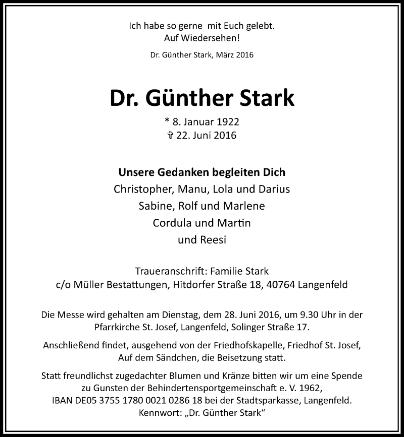  Traueranzeige für Günther Stark vom 25.06.2016 aus Rheinische Post