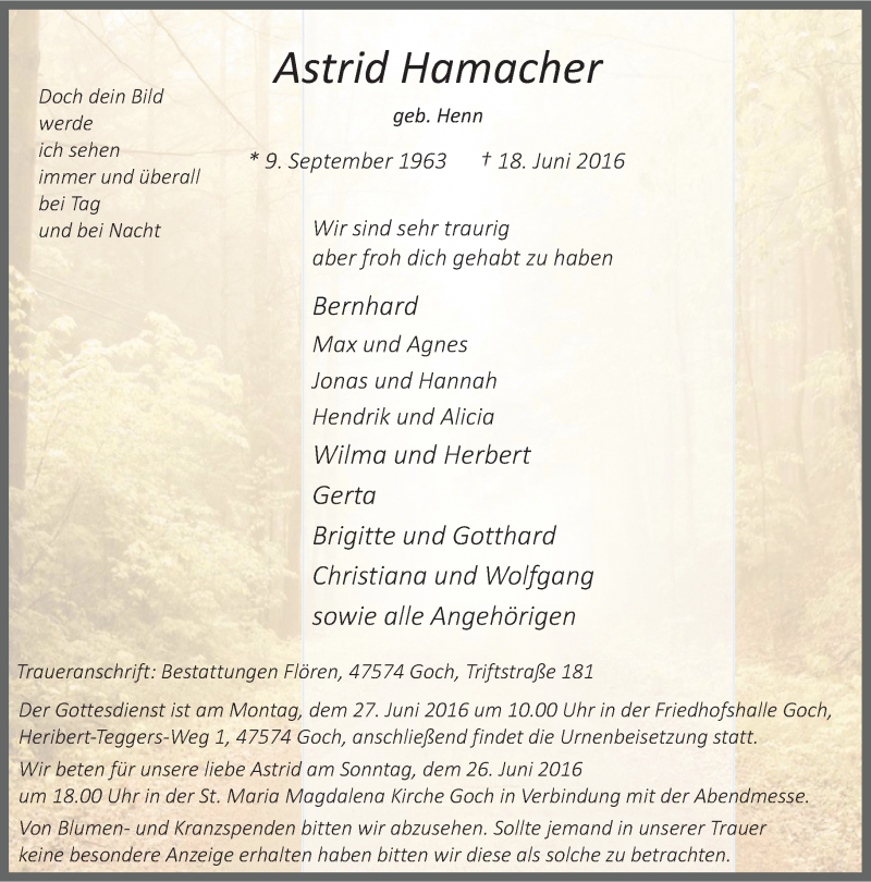 Traueranzeige für Astrid Hamacher vom 22.06.2016 aus Rheinische Post