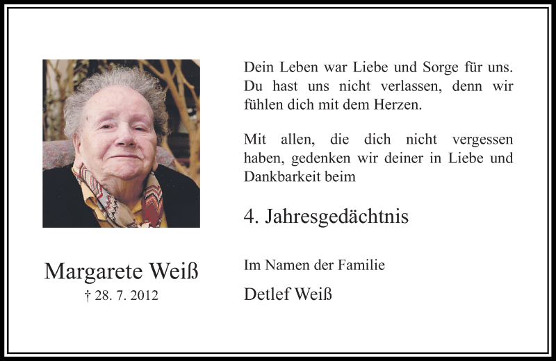  Traueranzeige für Margarete Weiß vom 28.07.2016 aus Rheinische Post