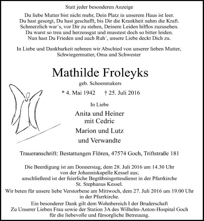  Traueranzeige für Mathilde Froleyks vom 26.07.2016 aus Rheinische Post