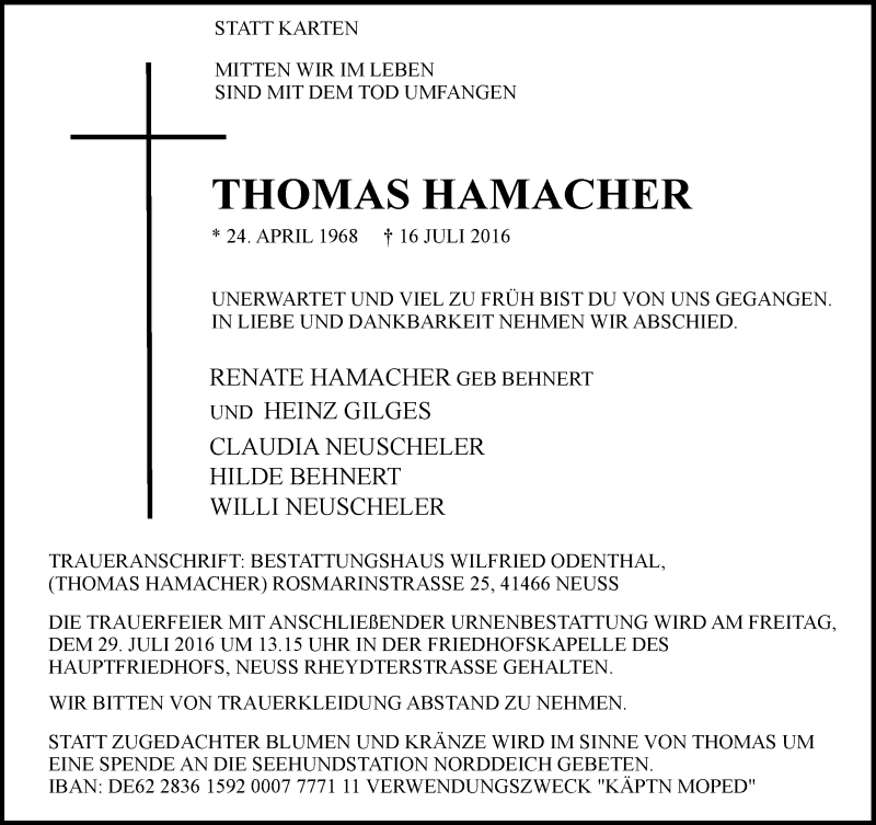  Traueranzeige für Thomas Hamacher vom 27.07.2016 aus Rheinische Post