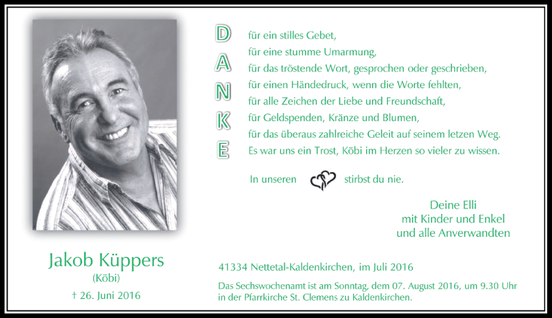  Traueranzeige für Jakob Küppers vom 30.07.2016 aus Rheinische Post