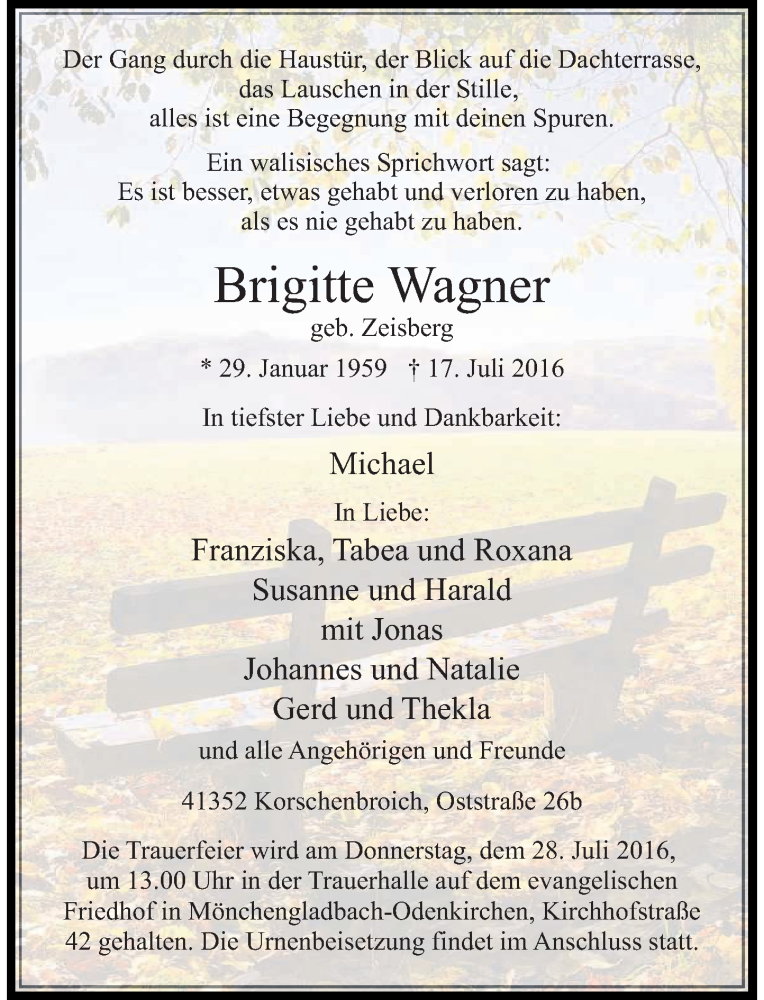  Traueranzeige für Brigitte Wagner vom 26.07.2016 aus Rheinische Post