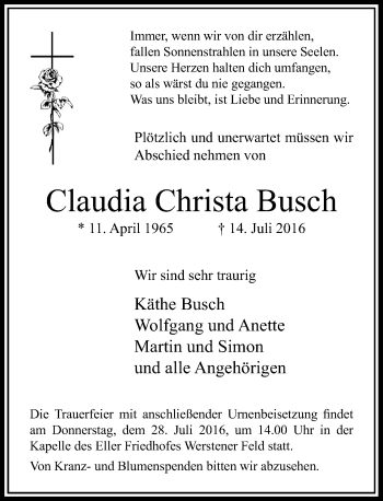 Traueranzeige von Claudia Christa Busch von Rheinische Post