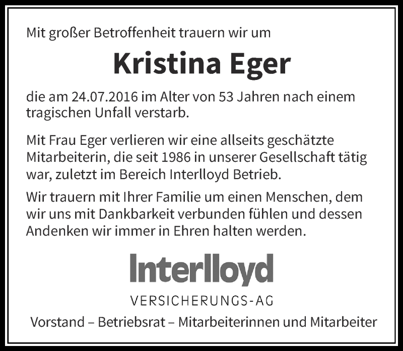  Traueranzeige für Kristina Eger vom 26.07.2016 aus Rheinische Post