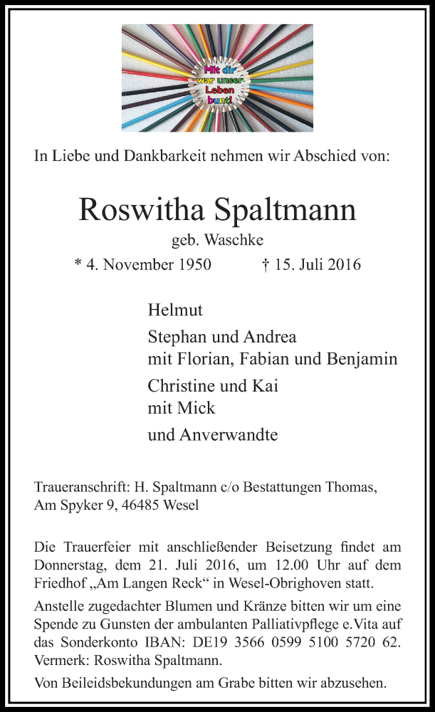 Alle Traueranzeigen F R Roswitha Spaltmann Trauer Rp Online De