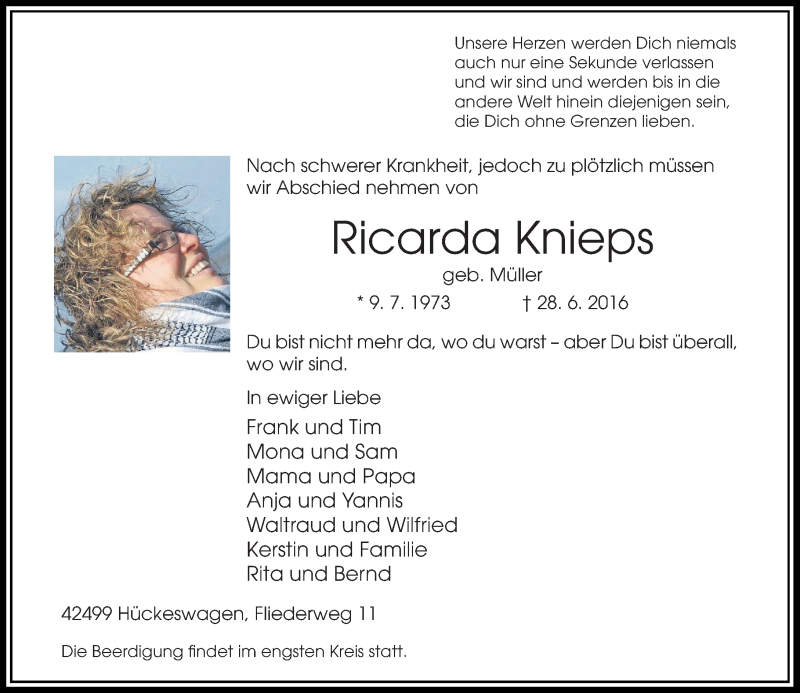  Traueranzeige für Ricarda Knieps vom 02.07.2016 aus Rheinische Post