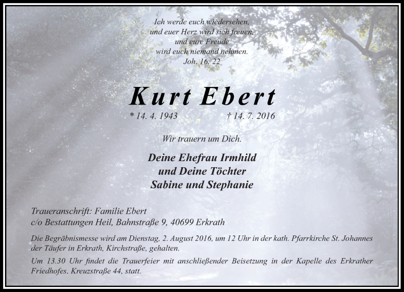  Traueranzeige für Kurt Ebert vom 30.07.2016 aus Rheinische Post