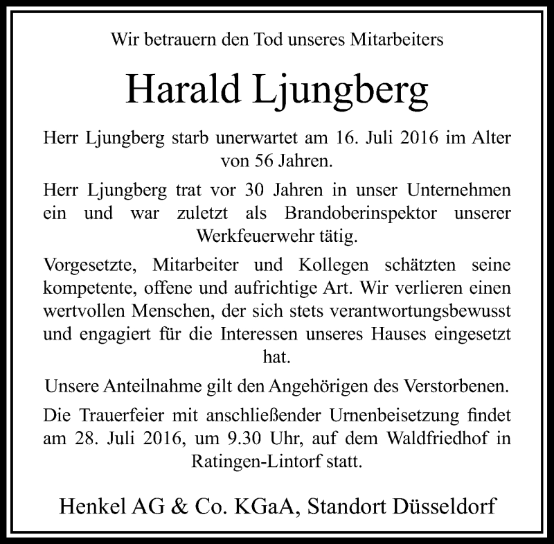  Traueranzeige für Harald Ljungberg vom 23.07.2016 aus Rheinische Post