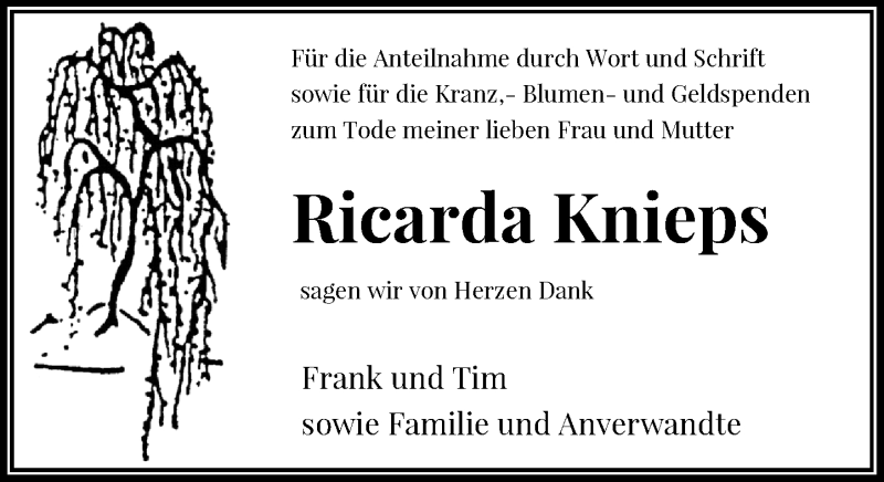  Traueranzeige für Ricarda Knieps vom 30.07.2016 aus Rheinische Post