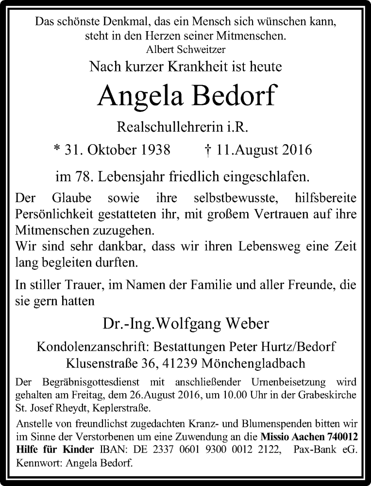  Traueranzeige für Angela Bedorf vom 20.08.2016 aus Rheinische Post