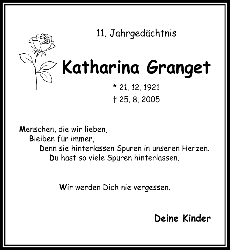  Traueranzeige für Katharina Granget vom 25.08.2016 aus Rheinische Post