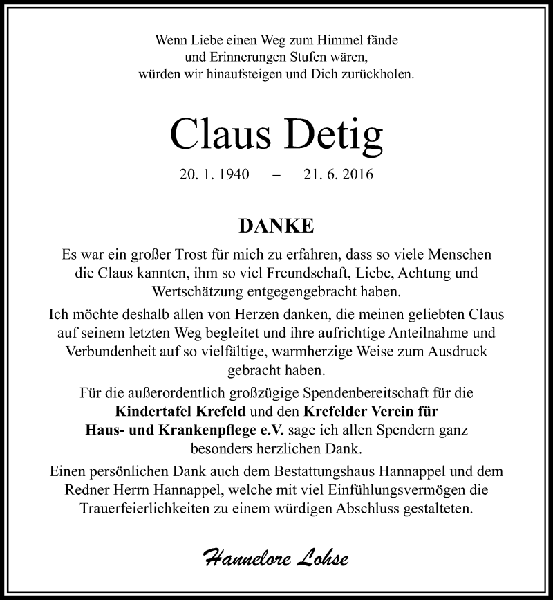  Traueranzeige für Claus Detig vom 27.08.2016 aus Rheinische Post