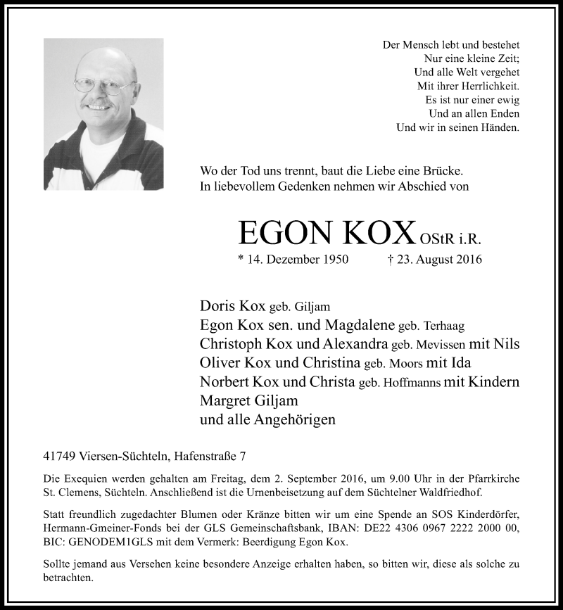  Traueranzeige für Egon Kox vom 27.08.2016 aus Rheinische Post