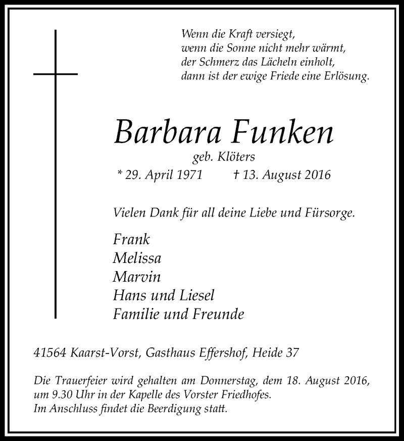  Traueranzeige für Barbara Funken vom 16.08.2016 aus Rheinische Post