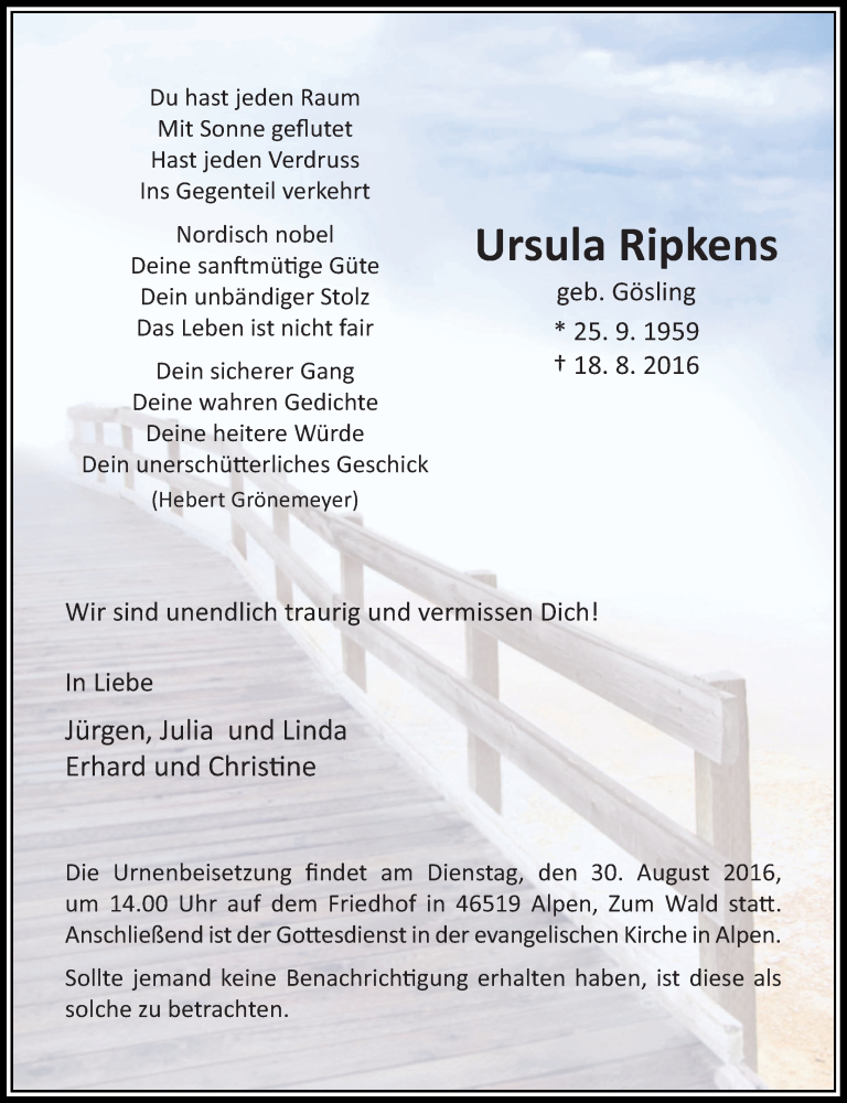  Traueranzeige für Ursula Ripkens vom 24.08.2016 aus Rheinische Post
