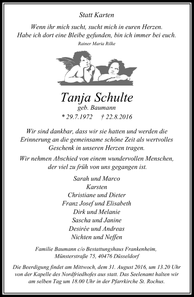  Traueranzeige für Tanja Schulte vom 27.08.2016 aus Rheinische Post