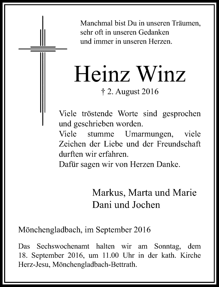  Traueranzeige für Heinz Winz vom 03.09.2016 aus Rheinische Post