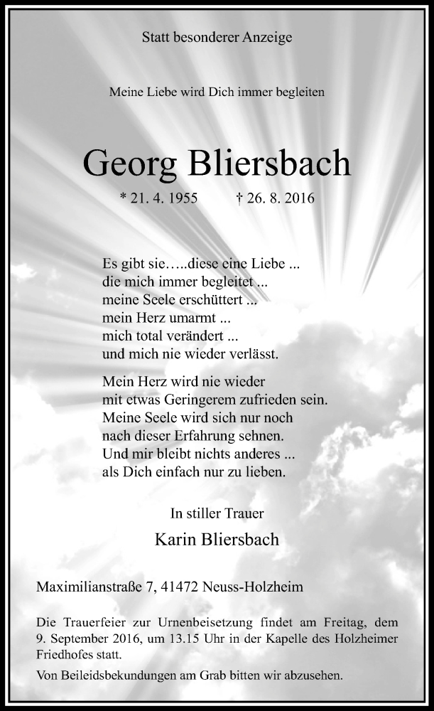  Traueranzeige für Georg Bliersbach vom 03.09.2016 aus Rheinische Post