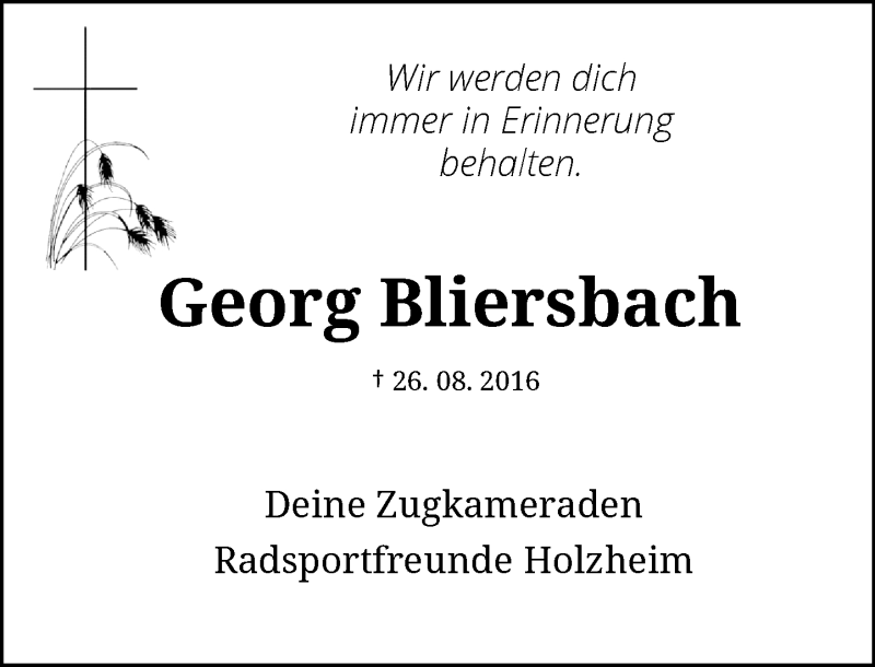  Traueranzeige für Georg Bliersbach vom 06.09.2016 aus Rheinische Post