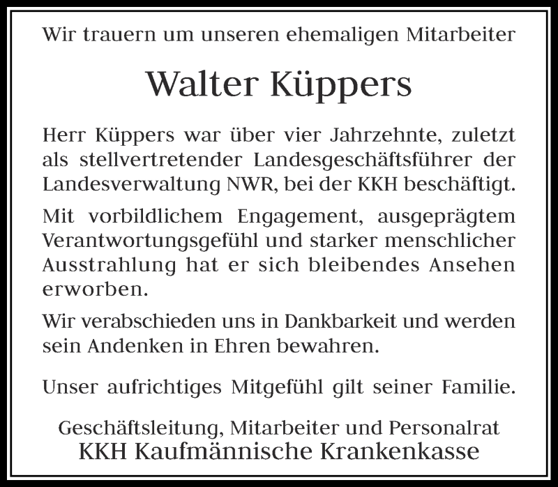  Traueranzeige für Walter Küppers vom 17.09.2016 aus Rheinische Post