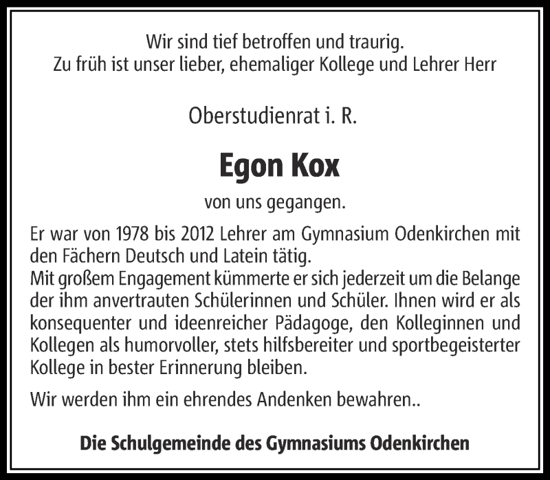 Traueranzeige für Egon Kox vom 03.09.2016 aus Rheinische Post