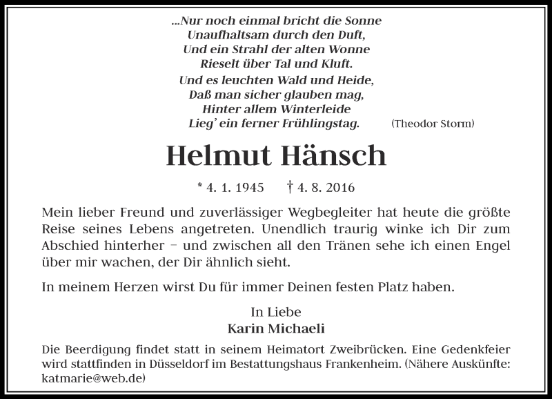  Traueranzeige für Helmut Hänsch vom 06.08.2016 aus Rheinische Post