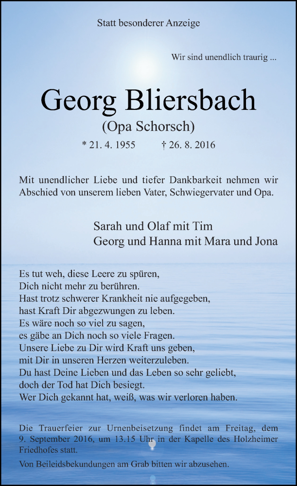  Traueranzeige für Georg Bliersbach vom 03.09.2016 aus Rheinische Post
