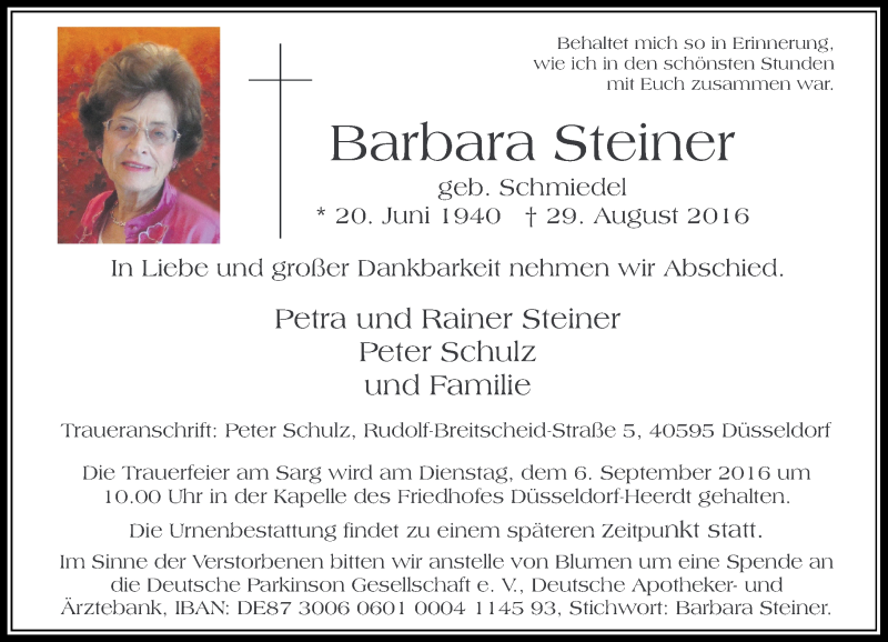  Traueranzeige für Barbara Steiner vom 03.09.2016 aus Rheinische Post