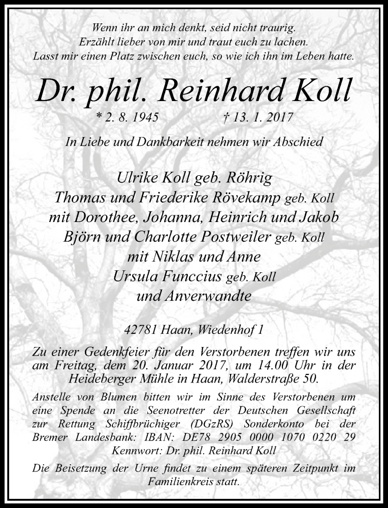  Traueranzeige für Reinhard Koll vom 17.01.2017 aus Rheinische Post