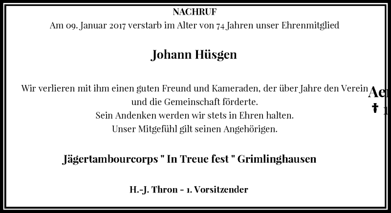  Traueranzeige für Johann Hüsgen vom 16.01.2017 aus Rheinische Post