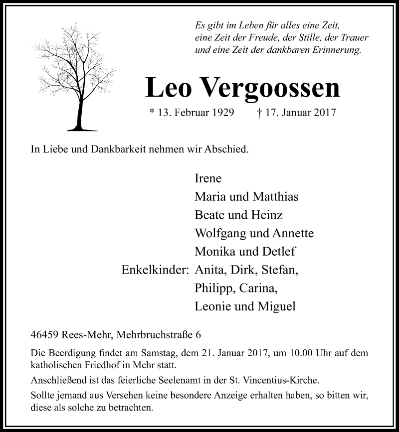  Traueranzeige für Leo Vergoossen vom 19.01.2017 aus Rheinische Post