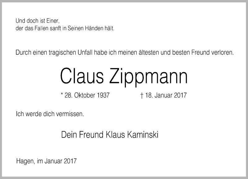  Traueranzeige für Claus Zippmann vom 24.01.2017 aus Rheinische Post