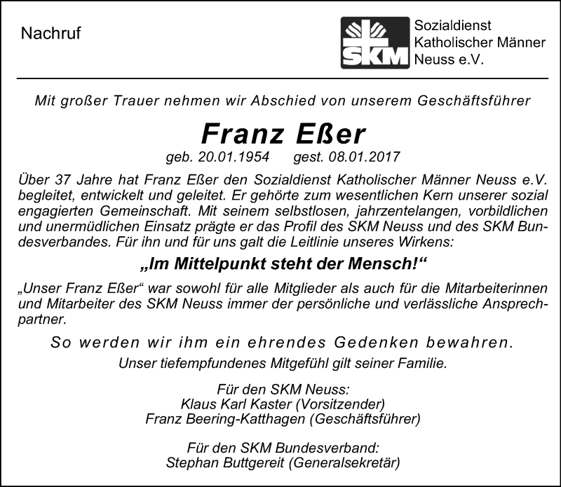  Traueranzeige für Franz Eßer vom 13.01.2017 aus Rheinische Post