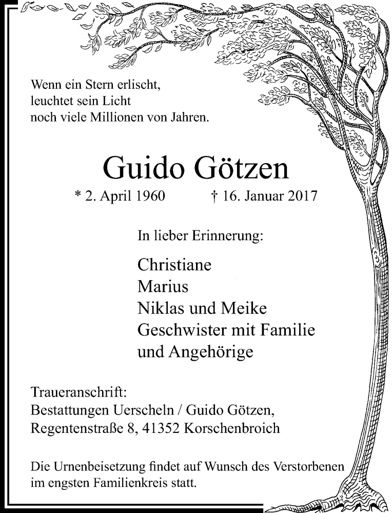  Traueranzeige für Guido Götzen vom 20.01.2017 aus Rheinische Post