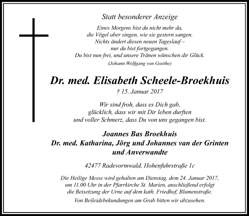  Traueranzeige für Elisabeth Scheele-Broekhuis vom 21.01.2017 aus Rheinische Post