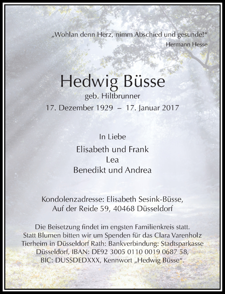  Traueranzeige für Hedwig Büsse vom 28.01.2017 aus Rheinische Post