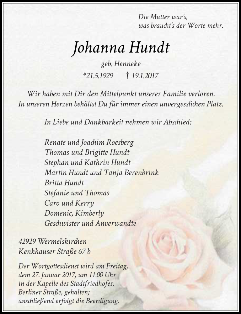  Traueranzeige für Johanna Hundt vom 21.01.2017 aus Rheinische Post