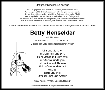 Traueranzeige von Betty Henselder von Rheinische Post