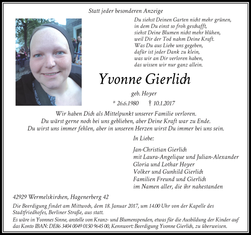  Traueranzeige für Yvonne Gierlich vom 13.01.2017 aus Rheinische Post