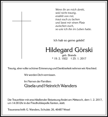 Traueranzeige von Hildegard Görski von Rheinische Post