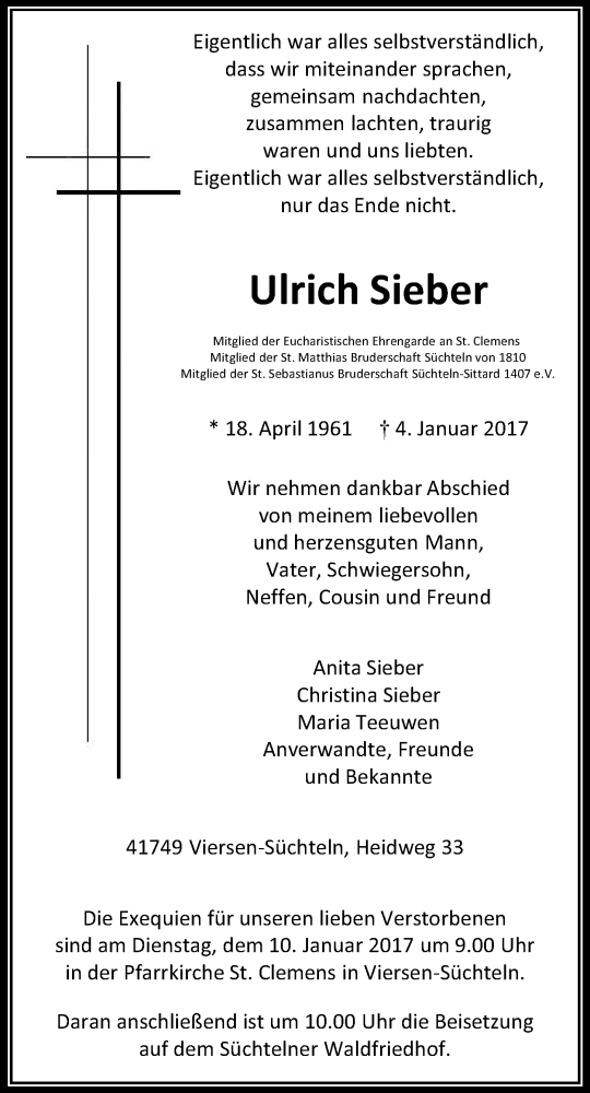  Traueranzeige für Ulrich Sieber vom 07.01.2017 aus Rheinische Post
