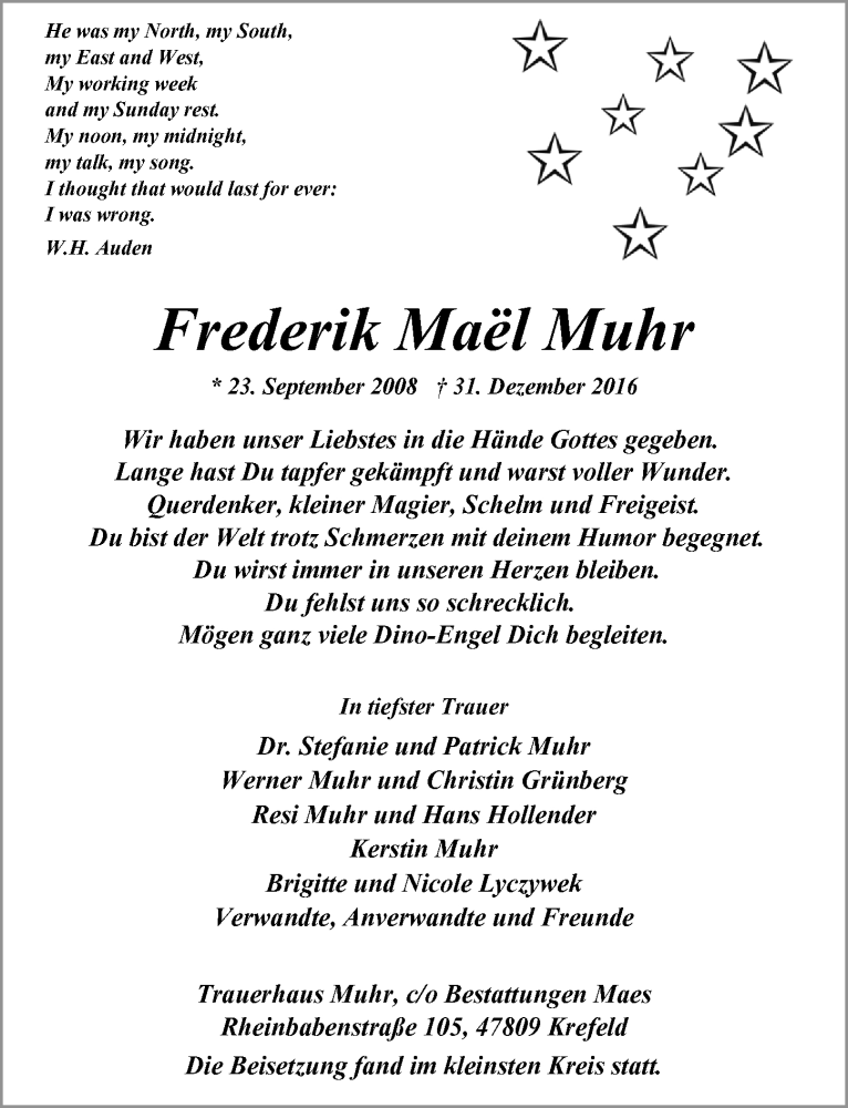  Traueranzeige für Frederik Maël Muhr vom 07.01.2017 aus Rheinische Post