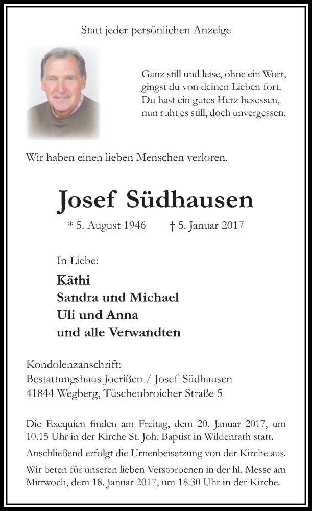  Traueranzeige für Josef Südhausen vom 14.01.2017 aus Rheinische Post