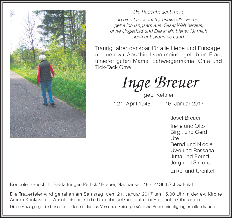  Traueranzeige für Inge Breuer vom 18.01.2017 aus Rheinische Post