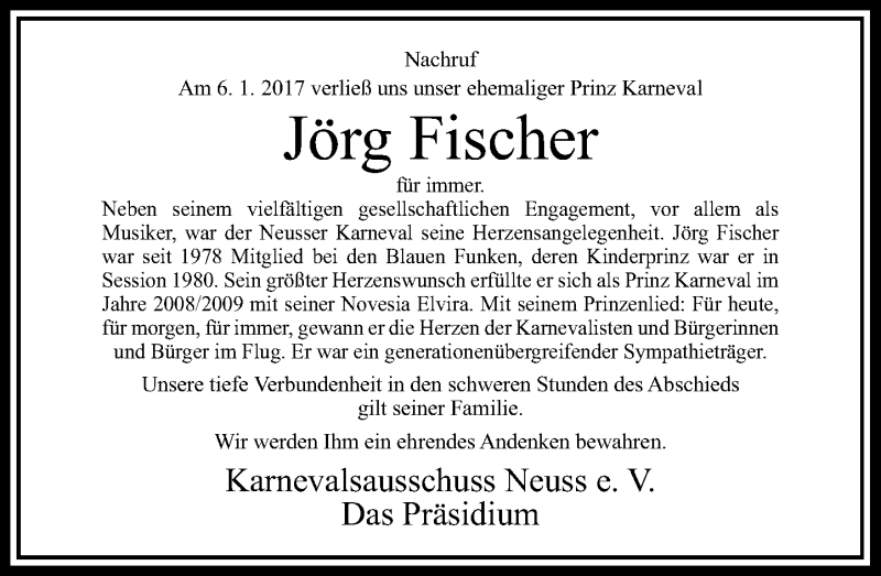  Traueranzeige für Jörg Fischer vom 14.01.2017 aus Rheinische Post