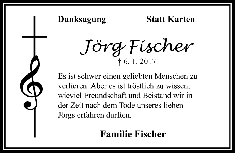  Traueranzeige für Jörg Fischer vom 21.01.2017 aus Rheinische Post