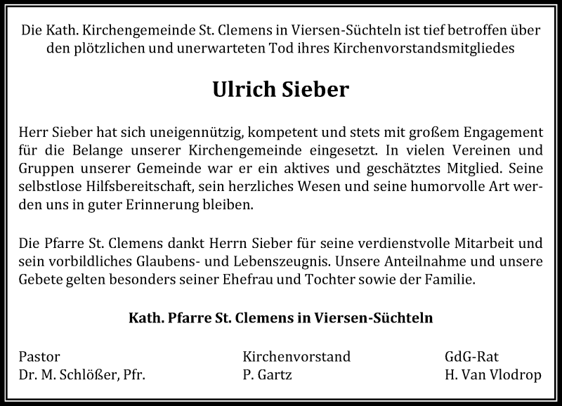  Traueranzeige für Ulrich Sieber vom 14.01.2017 aus Rheinische Post