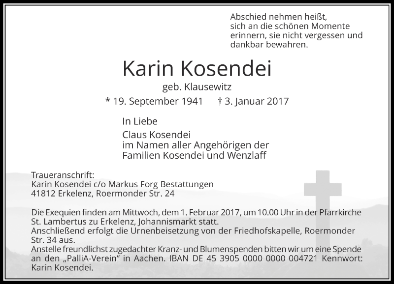  Traueranzeige für Karin Kosendei vom 16.01.2017 aus Rheinische Post