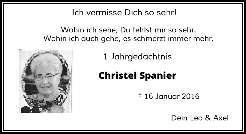  Traueranzeige für Christel Spanier vom 16.01.2017 aus Rheinische Post